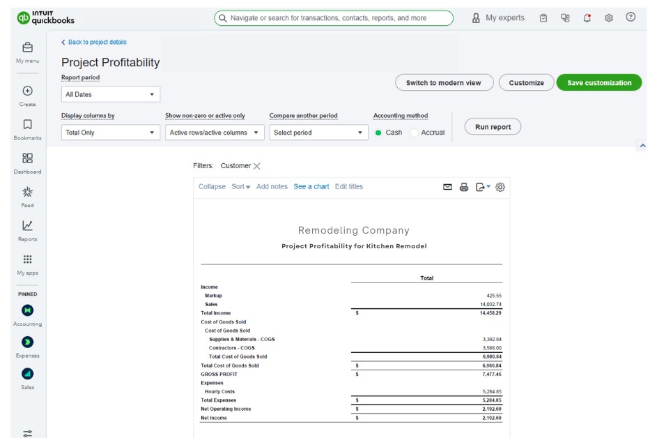 project profitability report QBO
